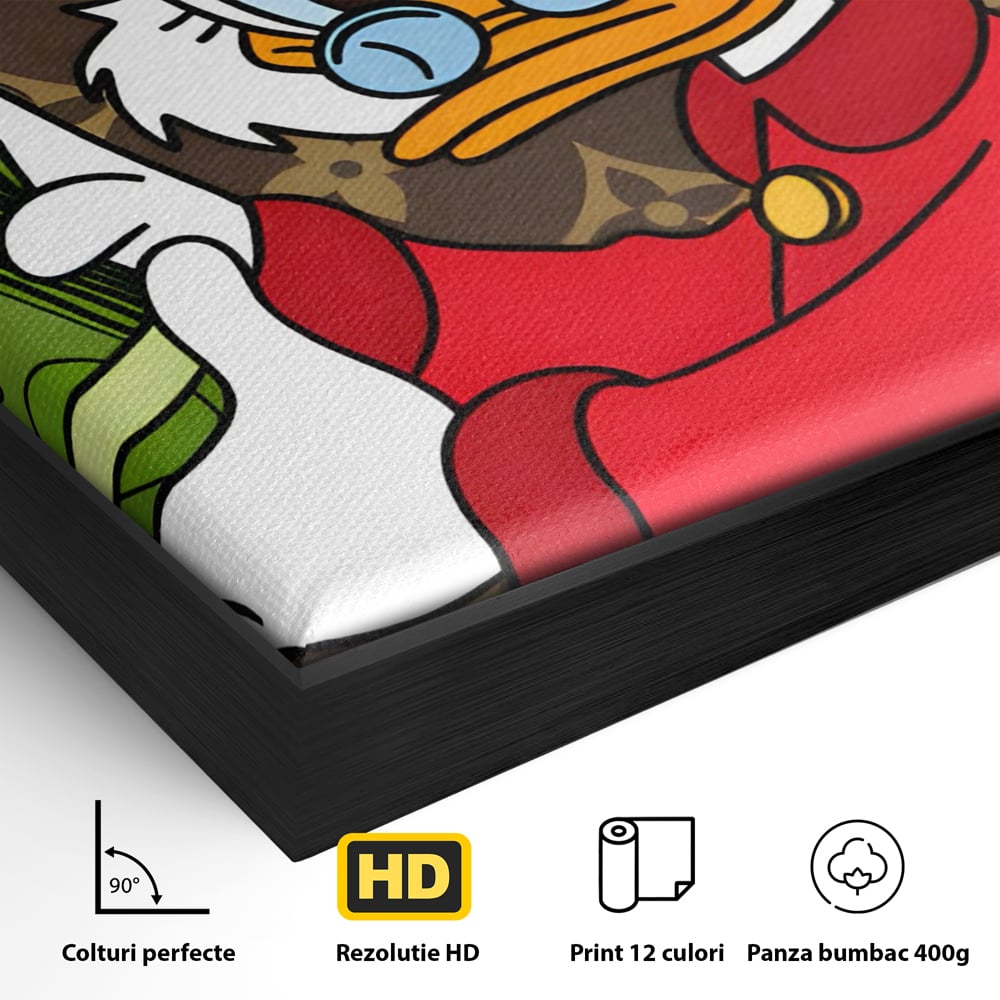 Detaliu al suprafetei: tablou canvas cu personaj de desene animate, in rama de aluminiu negru